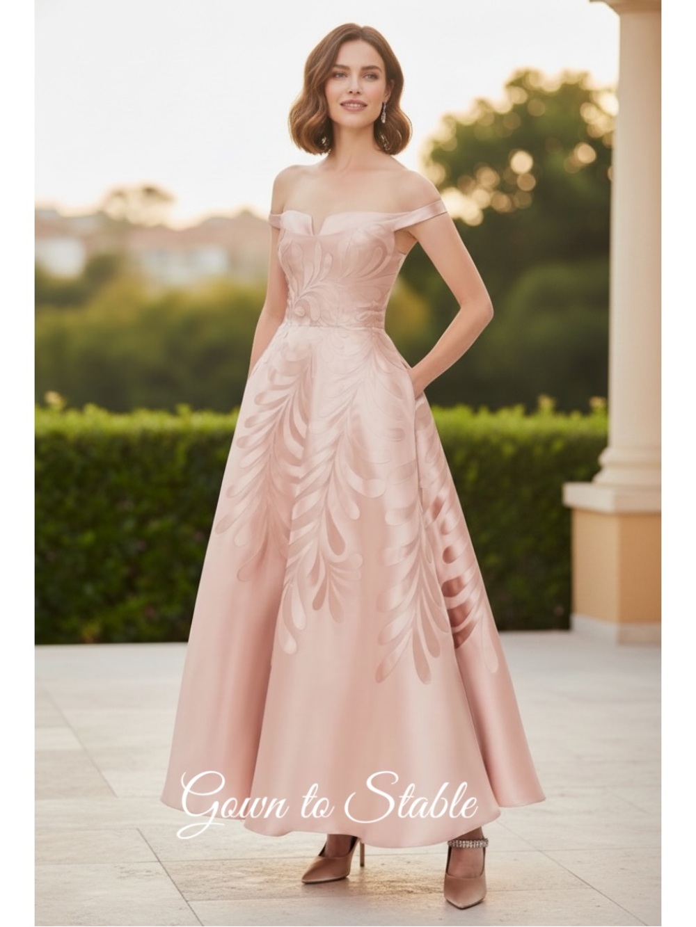 Hynes Park M563 Leaf Embroidered Off Shoulder Gown